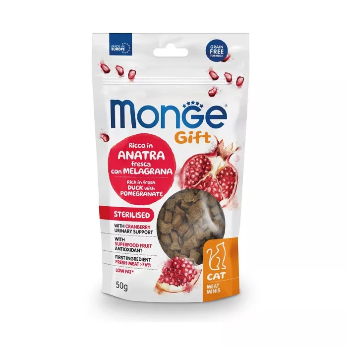 Monge Gift Meat Minis Snack per Gatti Sterilizzati 50g - Anatra Fresca con Melagrana e Mirtilli Rossi