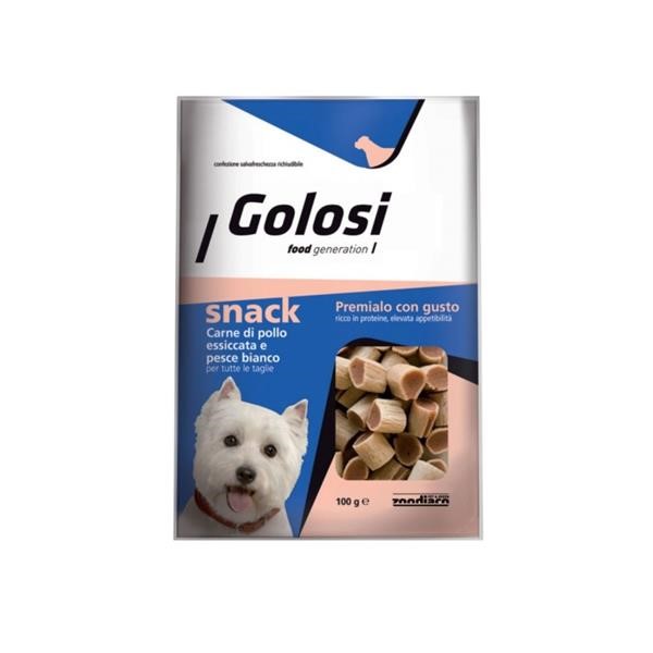 Golosi Dog Snack Di Carne Di Pollo Con Pesce Bianco In Bocconcini Per Cani Di Tutte Le Taglie 100g